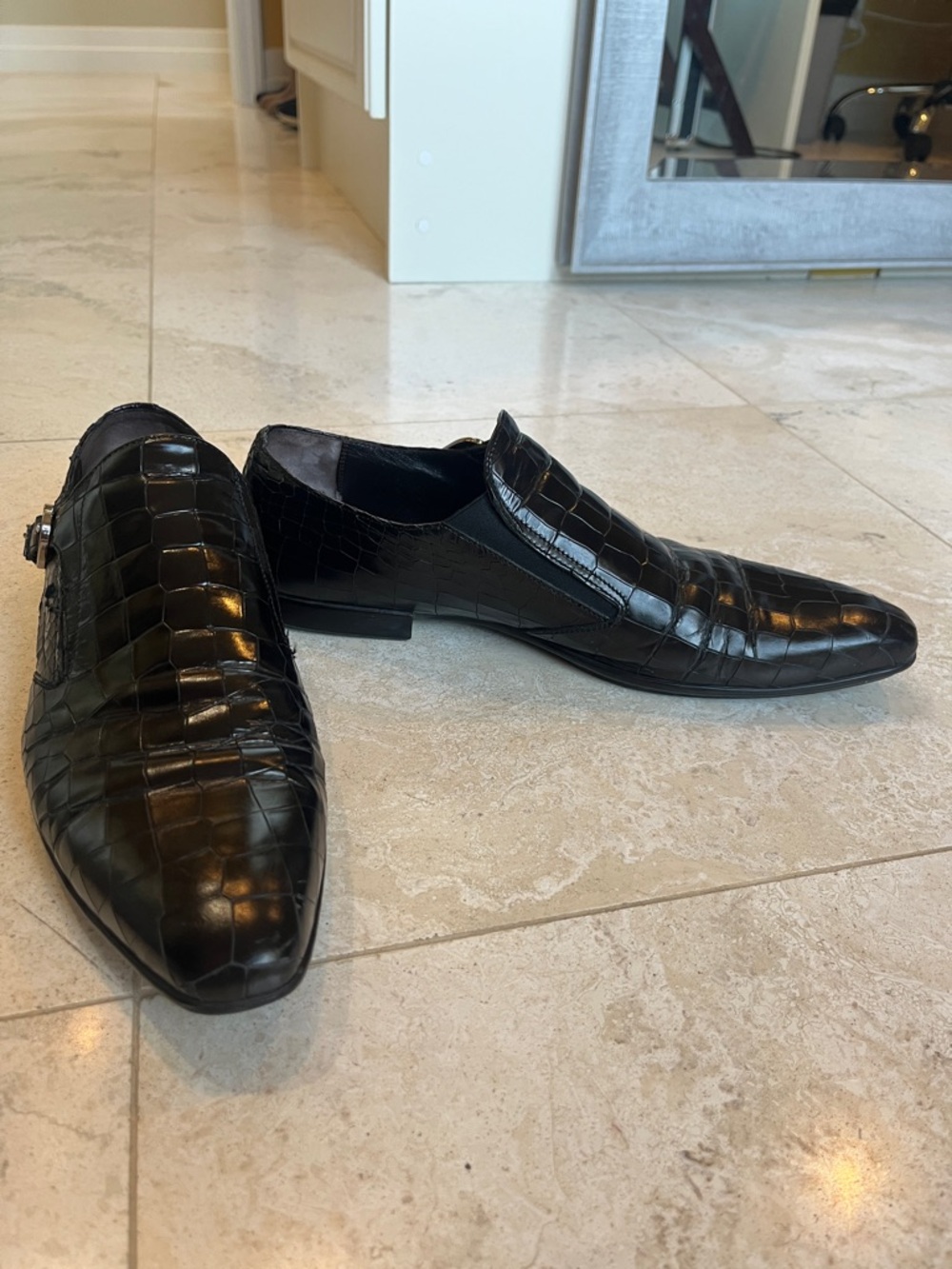 Cesare Paciotti Black Croc-Embossed Leather Monk Strap Loafers Sz 10
